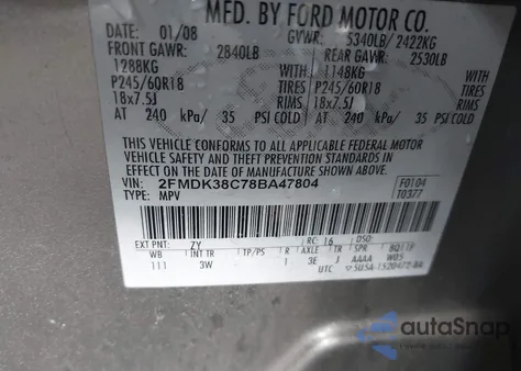 2008 Ford Edge Sel from USA, damaged, VIN 2FMDK38C78BA47804